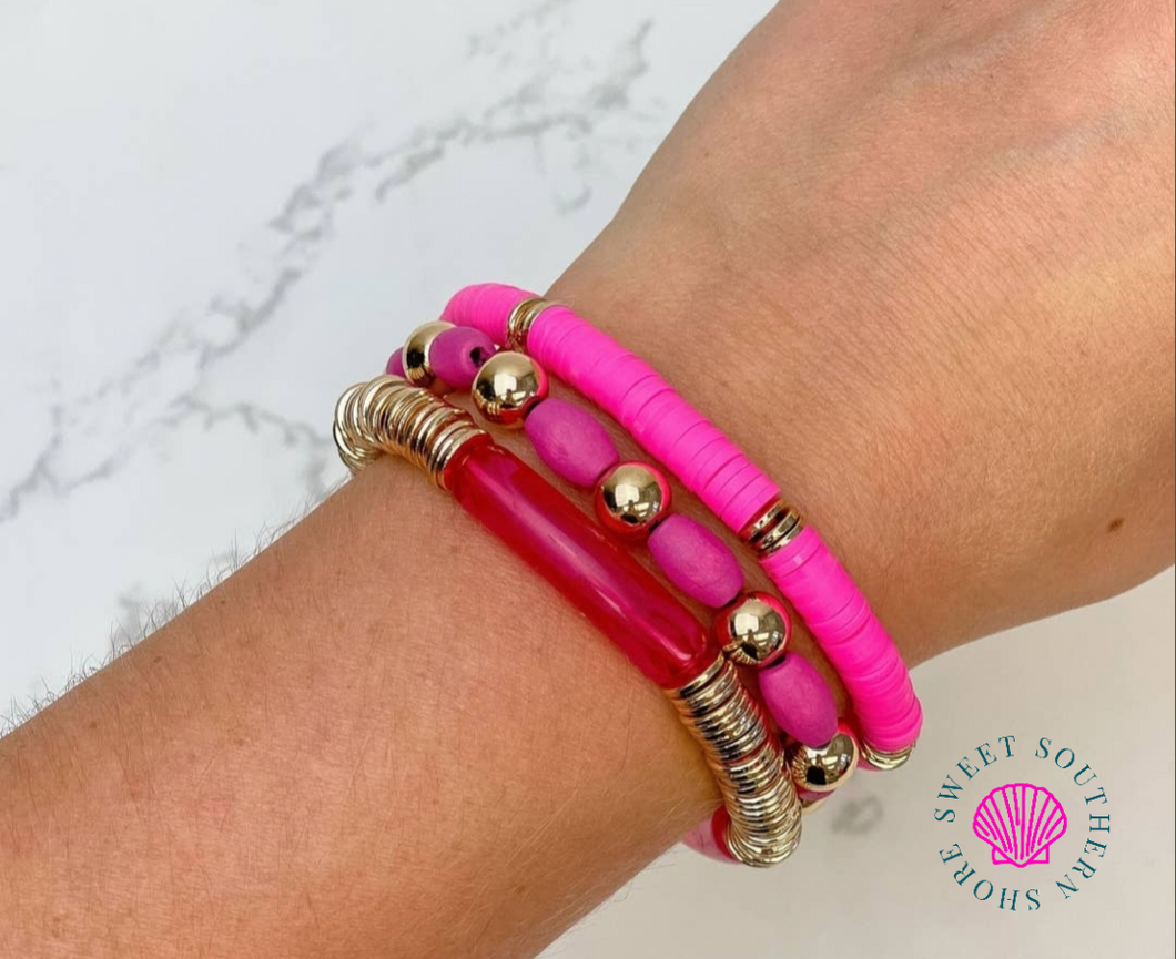 Hot Pink & Gold Beaded Stretch Bracelet Set