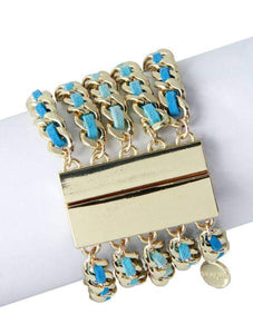 Luxe Leather and Gold Chain Magnetic Bracelet - Blue