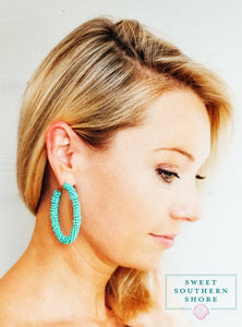 Beaded Hoop Earrings - Teal & Coral Available