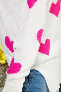 All Over Heart Sweater - Cream & Pink