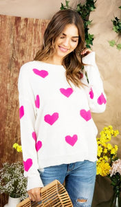 All Over Heart Sweater - Cream & Pink